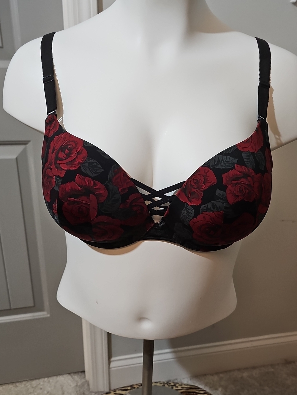 Torrid Black Bra with Red Rose Print and Crisscross Front